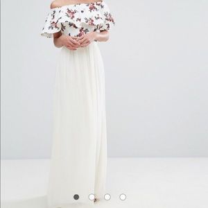 White Bardot maxi dress with floral detail